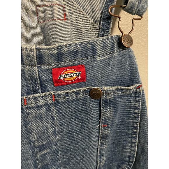 Dickies Denim Bib Overalls Mens Large Blue Carpenter Workwear Tool Pockets READ - Picture 2 of 9